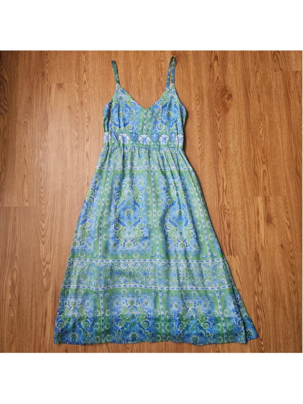 Gretchen Scott Waettau Fiesta Green Blue Midi Dress Tank Womens Medium Colorful